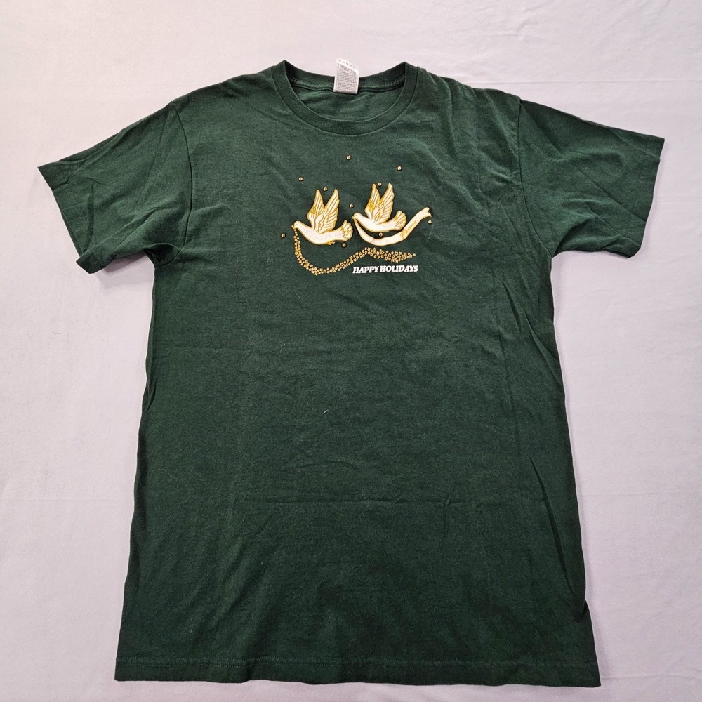 Happy Holidays Doves Beaded Green Short Sleeve Cotton T-Shirt Men's L